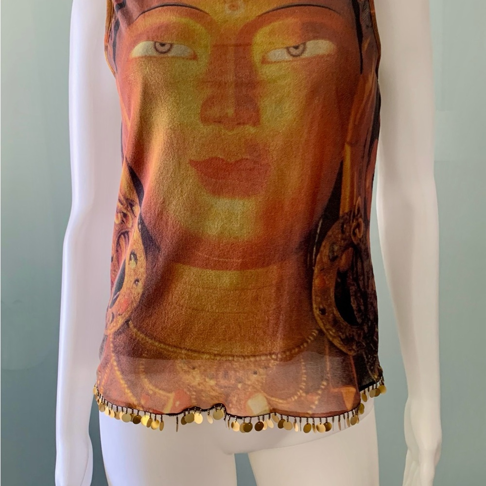 Rare Vintage Vivienne Tam Orange Gold Buddah Embellished Top size 1